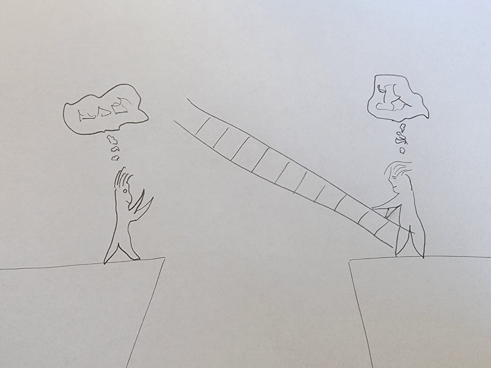 a pencil doodle depicting two humanoid figures on either side of a gap with the figure on the left reaching it's hands up with a thought bubble over its head with nonsensical scribble in it and another figure on the right side, with another nonsense-filled thought bubble over its head, lowering a ladder across the gap to the other figure