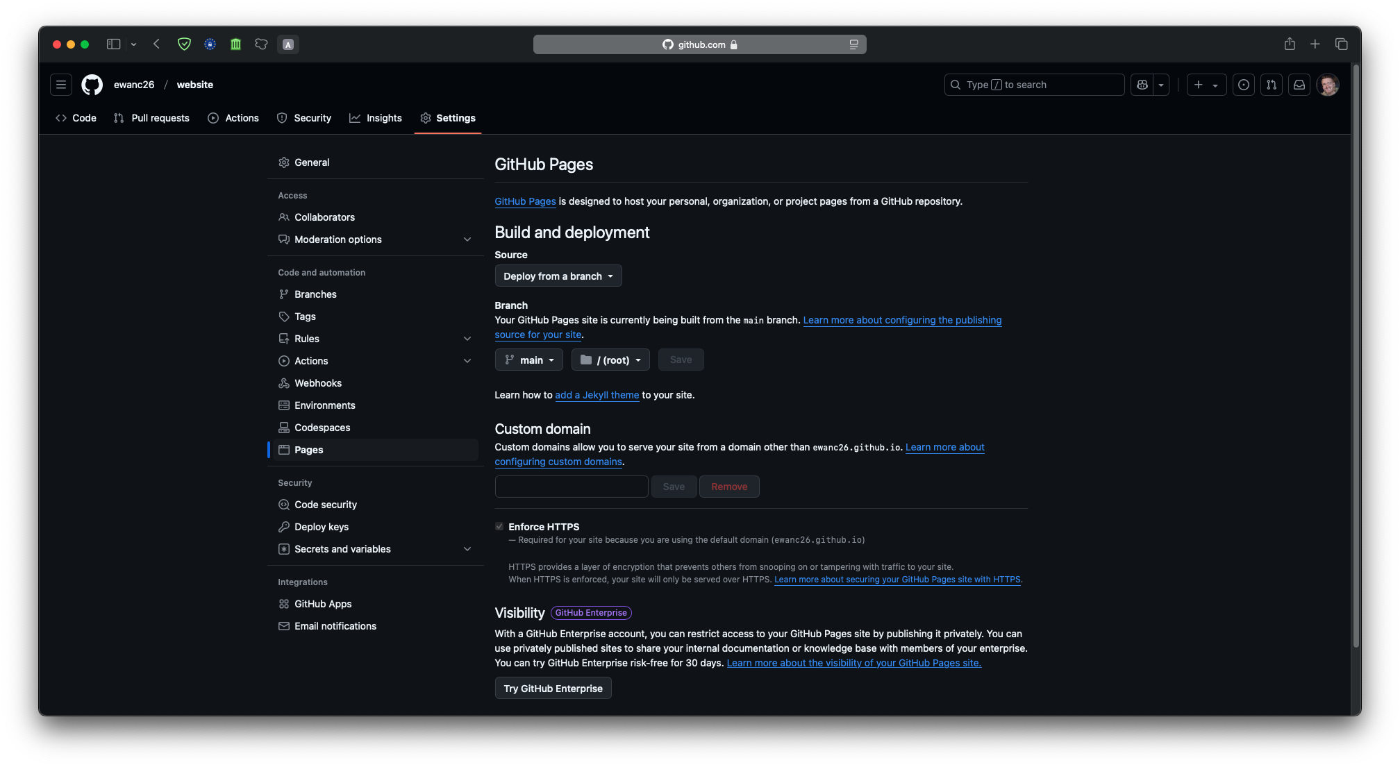 Screenshot of the GitHub Pages settings page.