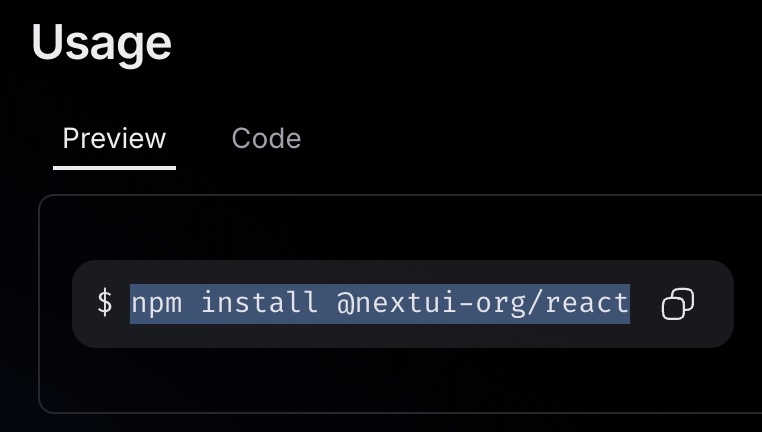 NextUI code block with an unselectable $