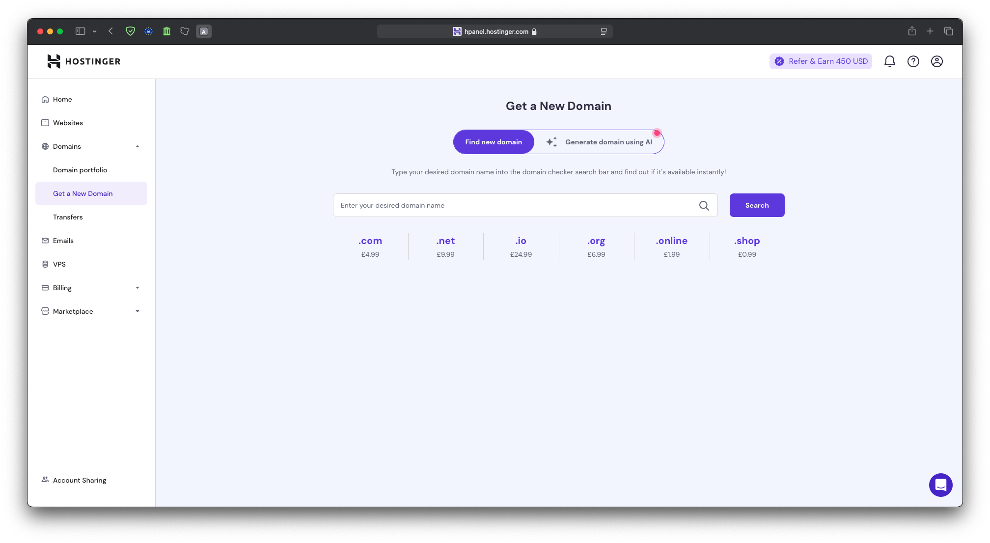 Screenshot of the Hostinger hPanel interface showing the 'Get a New Domain' section.