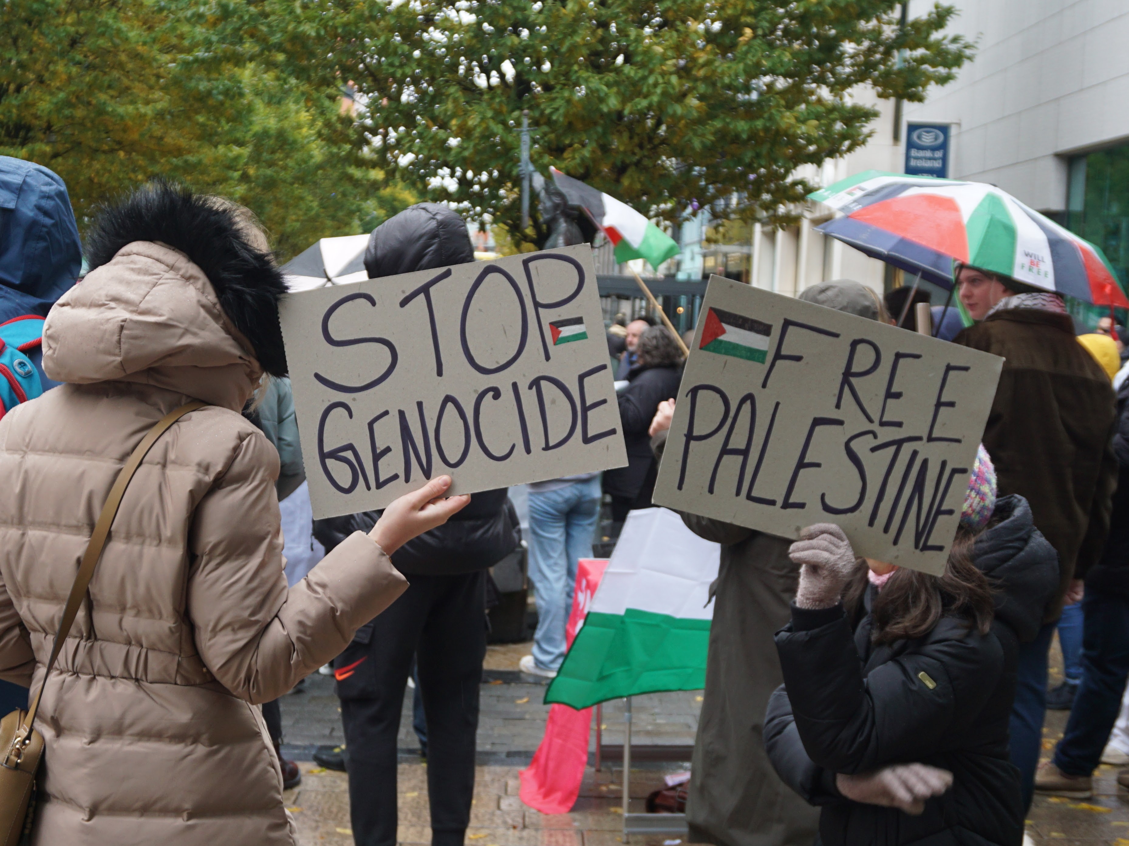 Protesters standing on Bedford Row in Limerick hold signs saying "Stop Genocide" and "Free Palestine"