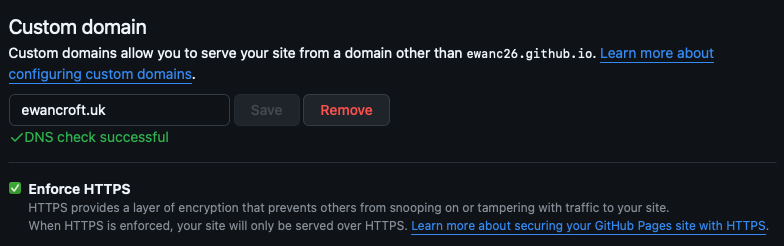 Screenshot showing a successful DNS check with HTTPS enforced.