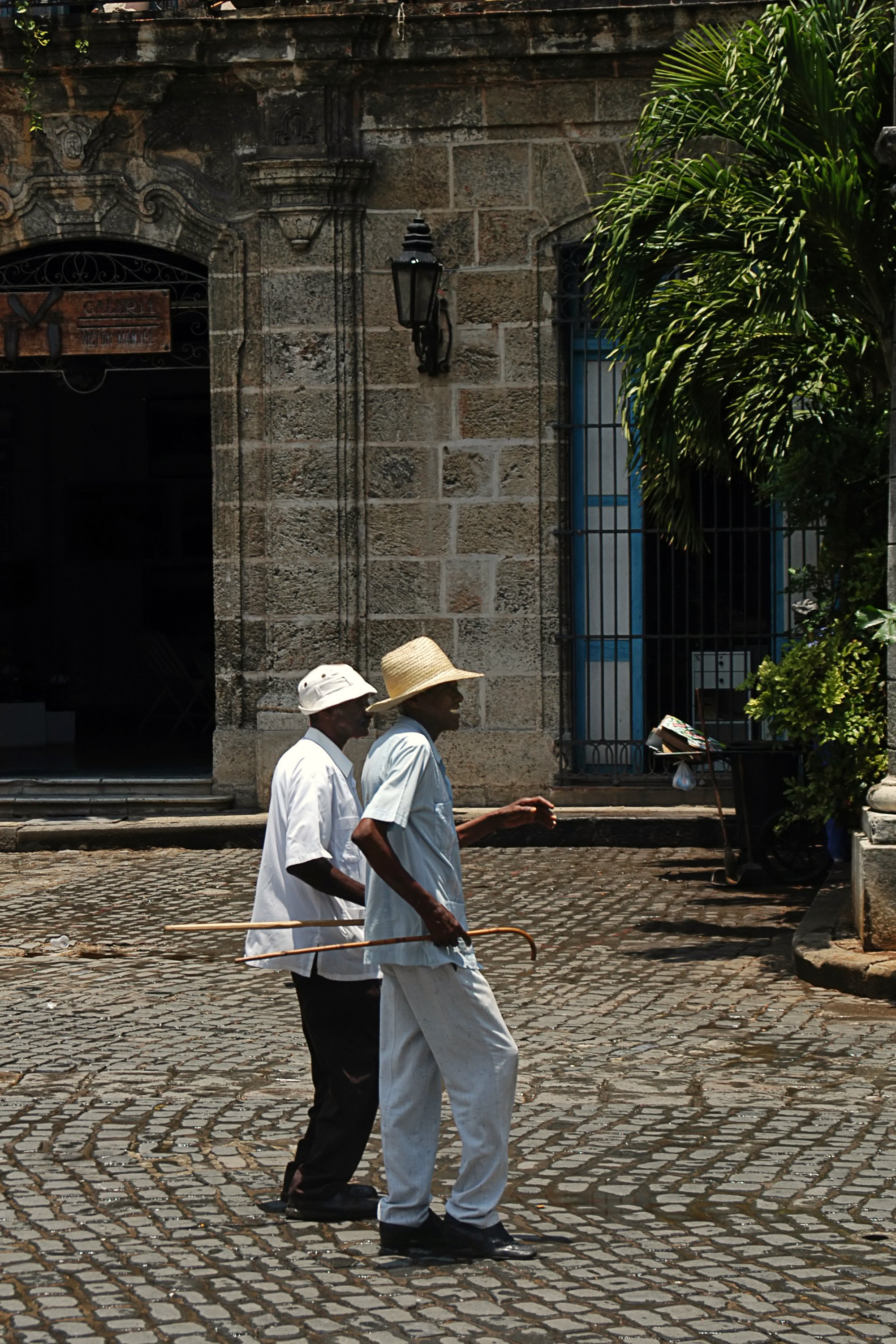 Deux vieux hommes vétus de blanc, canne à la main, dansent sur la place de la cathédrale de la Havanne